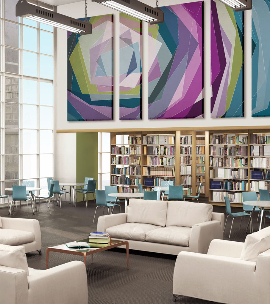 Modern library of high school, 3d illustration, colorful acoustic panels across the top of the library